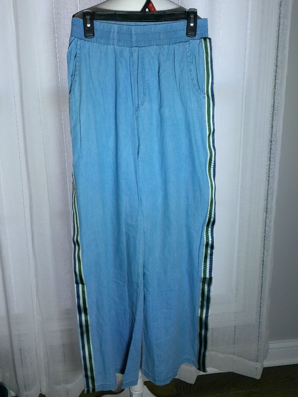 RUNWAY Paris Elastic NWT Pull-On Blue Denim w/Navy & Light Blue Stripe Pants L